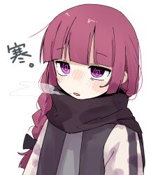 Rule 34 | 1girl, @ @, black bow, black jacket, blunt bangs, blush, bocchi the rock!, bow, braid, breath, dovepopon, hair bow, highres, hiroi kikuri, jacket, long hair, long sleeves, looking at viewer, multicolored clothes, multicolored jacket, open clothes, open jacket, open mouth, purple eyes, purple hair, scarf, simple background, single braid, solo, two-tone jacket, upper body, white background, white jacket