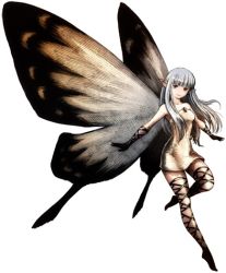 Rule 34 | 1girl, aerie (bravely default), artist request, bare shoulders, black gloves, bravely default: flying fairy, bravely default (series), dress, fairy, fairy wings, gloves, long hair, outstretched arms, pointy ears, short dress, silver hair, smile, solo, source request, strapless, strapless dress, thigh strap, white dress, wings