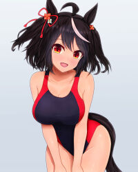 Rule 34 | 1girl, ahoge, alternate costume, bare shoulders, black hair, black one-piece swimsuit, blush, breasts, commentary request, commission, ear ornament, grey background, hair between eyes, hair ornament, hands on own thighs, highres, kitasan black (umamusume), m172/minatsu, medium breasts, multicolored hair, one-piece swimsuit, open mouth, pixiv commission, red eyes, simple background, smile, solo, streaked hair, swimsuit, two side up, umamusume, white hair