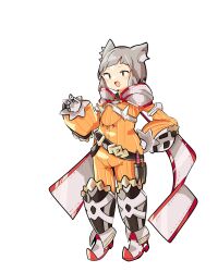 Rule 34 | 1girl, :d, animal ear fluff, animal ears, belt, black belt, blush, boots, brown eyes, commentary request, full body, gloves, grey hair, groin, h-yasui, hand on own hip, highres, jumpsuit, long sleeves, looking at viewer, nia (xenoblade), open mouth, puffy long sleeves, puffy sleeves, simple background, sleeves past wrists, smile, solo, standing, white background, white footwear, white gloves, xenoblade chronicles (series), xenoblade chronicles 2, yellow jumpsuit