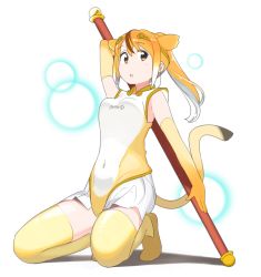 Rule 34 | 10s, 1girl, :o, blush, brown eyes, brown hair, circlet, elbow gloves, gloves, golden snub-nosed monkey (kemono friends), highleg, highleg leotard, highres, holding, holding staff, kasa list, kemono friends, kneeling, leotard, monkey tail, multicolored hair, open mouth, orange hair, shoes, skirt, solo, staff, tail, thighhighs, thighs, white hair, yellow footwear, yellow gloves, yellow leotard, yellow thighhighs