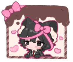 Rule 34 | 1boy, animal ear fluff, animal ears, black coat, black eyes, black hair, black vest, blush, bow, cat ears, chibi, chocolate, closed mouth, coat, coat on shoulders, hair bow, heart, limbus company, pink bow, project moon, simple background, solo, uchimura (rino0525), upper body, vest, white background, yi sang (project moon)