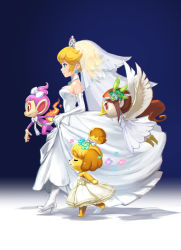 Rule 34 | 4girls, alternate color, animal crossing, bare shoulders, beak, blonde hair, blue eyes, bow, breasts, bridal veil, chimchar, closed eyes, commentary request, company connection, creatures (company), crossover, crown, dog, dress, earrings, elbow gloves, fire, flower, flying, from side, full body, game freak, gem, gen 4 pokemon, gloves, hair flower, hair ornament, high heels, isabelle (animal crossing), jewelry, mario (series), medli, mini crown, monkey, multiple girls, muuten, nintendo, pokemon, pokemon (creature), pokemon dppt, ponytail, princess peach, princess peach (wedding), red eyes, shiny pokemon, smile, strapless, strapless dress, super mario odyssey, the legend of zelda, the legend of zelda: the wind waker, veil, walking, wedding dress, white dress, wings