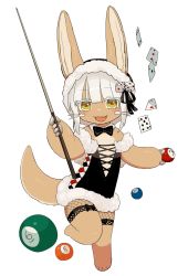 Rule 34 | 1other, alternate costume, bad id, bad twitter id, ball, billiard ball, blush, bow, bowtie, card, cue stick, dice, full body, furry, highres, kawasemi27, made in abyss, nanachi (made in abyss), open mouth, other focus, smile, tagme, teeth, upper teeth only, whiskers, white background, white hair, yellow eyes