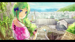 Rule 34 | 1girl, blue eyes, colored eyelashes, day, digital media player, from behind, green hair, gumi, highres, letterboxed, looking back, no.734, outdoors, scenery, short hair, sky, smile, solo, vocaloid
