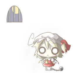 Rule 34 | 1girl, :&lt;, ahoge, aoblue, ball and chain restraint, blonde hair, chain, chibi, cuffs, female focus, flandre scarlet, moon, o o, side ponytail, solo, tears, embodiment of scarlet devil, touhou, wings