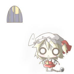 1girl :&lt; ahoge aoblue ball_and_chain_restraint blonde_hair chain chibi cuffs female_focus flandre_scarlet moon o_o side_ponytail solo tears embodiment_of_scarlet_devil touhou wings