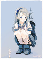 Rule 34 | 1boy, 1girl, admiral (kancolle), artist name, blue background, blue headband, blush, border, commentary request, crow&#039;s nest, from behind, giant, giantess, gloves, grey footwear, grey hair, hands on own knees, headband, highres, jacket, kantai collection, kokudou juunigou, long hair, looking at viewer, mast, navel, pants, purple eyes, rigging, sagiri (kancolle), sailor collar, school uniform, serafuku, shoes, short sleeves, simple background, size difference, smokestack, socks, squatting, standing, thigh strap, torpedo tubes, white border, white gloves, white jacket, white pants