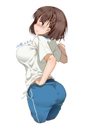 Rule 34 | 10s, 1girl, 2016, ai-chan (tawawa), ass, blue pants, blush, braid, breasts, breasts squeezed together, brown eyes, brown hair, closed mouth, dated, feet out of frame, female focus, from behind, from side, frown, full-face blush, getsuyoubi no tawawa, gym shirt, hand up, huge ass, large breasts, looking at viewer, looking back, looking to the side, matching hair/eyes, medium hair, one eye closed, outstretched arms, pants, shirt, short-sleeved shirt, short sleeves, side braid, simple background, sketch, solo, standing, stretching, sweat, track pants, white background, xiao chichi
