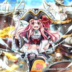 Rule 34 | .hack//, 1girl, :d, bad id, bad pixiv id, bag, barrel, book, boots, bow, crop top, flatley (guilty dragon), frills, full body, gem, gold bar, guilty dragon, happy, hat, long hair, money, open mouth, pink hair, pirate hat, quill, ribbon, sitting, skull and crossbones, smile, solo, takatsuki ichi, treasure chest, yellow eyes