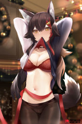 Rule 34 | 1girl, animal ear fluff, animal ears, arms behind head, arms up, black hair, black pantyhose, blush, bra, breasts, brown eyes, cleavage, clothes in mouth, clothes lift, commentary, hair between eyes, hololive, large breasts, lifted by self, long hair, long sleeves, looking at viewer, mouth hold, mujinbensin, multicolored hair, navel, ookami mio, ookami mio (casual), pantyhose, red bra, red hair, red ribbon, ribbon, shirt in mouth, shirt lift, solo, streaked hair, tail, thighhighs, two-tone shirt, underwear, virtual youtuber, wolf ears, wolf girl, wolf tail