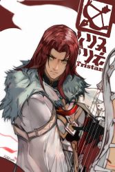 Rule 34 | 1boy, armor, bishounen, black gloves, bow (weapon), character name, cloak, failnaught (fate), fate/grand order, fate (series), fur trim, gloves, harp, herheim, highres, holding, holding weapon, instrument, knight, long hair, long sleeves, male focus, red hair, simple background, solo, tristan (fate), unusually open eyes, upper body, weapon, white cloak, yellow eyes