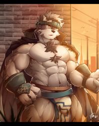 Rule 34 | 1boy, abs, ainu clothes, animal ears, bara, bare pectorals, bulge, chest hair, feet out of frame, furry, furry male, grey fur, headband, highres, horkeu kamui, jacket, jacket on shoulders, large pectorals, looking to the side, male focus, multicolored hair, muscular, muscular male, navel, navel hair, nipples, no nipples, no shirt, pectorals, pelvic curtain, short hair, silver hair, solo, stomach, sunlight, tail, tengo (maotengo), thick thighs, thighs, tokyo houkago summoners, two-tone fur, two-tone hair, vambraces, white fur, wolf boy, wolf ears, wolf tail