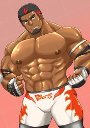 Rule 34 | 1boy, abs, bara, brown eyes, bulge, clenched hands, cowboy shot, dark-skinned male, dark skin, facial hair, goatee, konnezuwrestle, large pectorals, live a hero, looking to the side, male focus, mature male, muscular, muscular male, mustache stubble, navel, nipples, no mask, pants, pectorals, polaris mask (live a hero), shiny skin, short hair, smile, solo, stomach, strongman waist, stubble, thick eyebrows, thick thighs, thighs, topless male, wrestling outfit