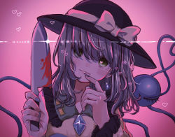 Rule 34 | 1girl, absurdres, black hat, blood, bloody knife, blouse, blue nails, blush, bow, closed mouth, diffraction spikes, earrings, eyeball, eyebrows hidden by hair, frilled shirt collar, frills, glint, gradient background, green eyes, green hair, hair over eyes, hat, hat bow, head tilt, heart, heart in eye, heart of string, highres, holding, holding knife, jewelry, knife, komeiji koishi, lips, long hair, long sleeves, looking at viewer, nail polish, pink background, ribbon-trimmed clothes, ribbon trim, salt (seasoning), shirt, simple background, smile, solo, symbol in eye, third eye, touhou, upper body, yellow bow, yellow shirt