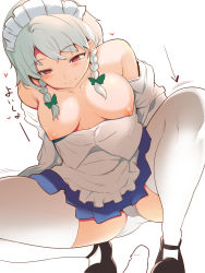 Rule 34 | 1boy, 1girl, arrow (symbol), bare shoulders, blush, braid, breasts, closed mouth, collarbone, grey hair, hekiga (freelot), highres, izayoi sakuya, looking down, maid, maid headdress, medium breasts, nipples, panties, penis, red eyes, short hair, simple background, smile, solo focus, squatting, thighhighs, touhou, twin braids, underwear, white background, white panties, white thighhighs
