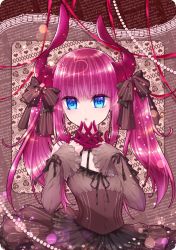 Rule 34 | 1girl, alternate costume, alternate hairstyle, asymmetrical horns, blue eyes, brown background, brown ribbon, brown skirt, check commentary, commentary request, detached sleeves, dragon horns, elizabeth bathory (fate), elizabeth bathory (fate/extra ccc), english text, eyelashes, fate/extra, fate/extra ccc, fate/grand order, fate (series), flat chest, flower, frilled skirt, frills, heart, heart-shaped pupils, horns, lolita fashion, long hair, looking at viewer, musical note, pink hair, ribbon, skirt, solo, symbol-shaped pupils, tonyo (milky crown), twintails, uneven horns