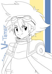 Rule 34 | 1boy, cape, digimon, goggles, goggles on head, highres, looking at viewer, male focus, smile, solo, yagami taichi (digimon adventure v-tamer 01)