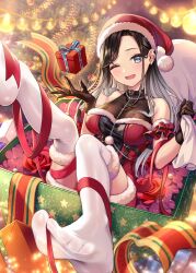 Rule 34 | 1girl, black gloves, black hair, blue eyes, box, breasts, chico haine, christmas, cokecoco, dress, ear piercing, earrings, fur-trimmed dress, fur-trimmed legwear, fur trim, gloves, hat, highres, in box, in container, indie virtual youtuber, jewelry, long hair, looking at viewer, medium breasts, one eye closed, open mouth, piercing, santa hat, sleeveless, solo, thighhighs, white thighhighs
