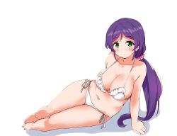 Rule 34 | 1girl, arm support, bikini, breasts, cleavage, cut, feet, green eyes, highres, kurokawa makoto, large breasts, legs, looking at viewer, love live!, love live! school idol project, low twintails, navel, purple hair, resized, sitting, solo, swimsuit, thighs, third-party edit, tojo nozomi, twintails, upscaled, white bikini