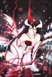 Rule 34 | 1girl, albedo (overlord), black hair, breasts, demon girl, demon horns, demon wings, dress, fyy (fyy8494), gloves, highres, horns, jewelry, large breasts, long hair, looking at viewer, necklace, overlord (maruyama), white dress, white gloves, wings, yellow eyes
