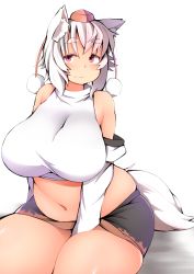 Rule 34 | 1girl, :q, animal ears, bare shoulders, belly, between legs, between thighs, blush, breasts, cameltoe, crop top, detached sleeves, fang, fang out, fat, hand between legs, hat, highres, inubashiri momiji, large breasts, looking at viewer, microskirt, muffin top, navel, pink eyes, plump, red eyes, shishi juuroku, short hair, simple background, sitting, skirt, smile, solo, tail, thick eyebrows, thick thighs, thighs, tokin hat, tongue, tongue out, touhou, white hair, wolf ears, wolf tail