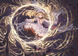 Rule 34 | 1girl, blonde hair, cagliostro (granblue fantasy), cape, detached sleeves, dress, flower, frilled skirt, frills, granblue fantasy, grey background, long hair, outstretched arms, pota (bluegutty), purple eyes, red skirt, rose, skirt, smile, solo, twitter username, very long hair, white dress, white flower, white rose, white sleeves