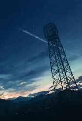 Rule 34 | cloud, commentary, contrail, dutch angle, highres, landscape, no humans, original, orval, radio tower, scenery, sky, star (sky), sunset