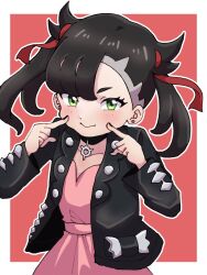 Rule 34 | 1girl, asymmetrical bangs, black hair, black jacket, black nails, blush, closed mouth, collarbone, commentary request, creatures (company), dress, earrings, fingersmile, game freak, green eyes, hair ribbon, hands up, highres, jacket, jewelry, marnie (pokemon), medium hair, mizu majuu (waterman10), nail polish, nintendo, open clothes, open jacket, outline, pink dress, pokemon, pokemon swsh, red ribbon, ribbon, smile, solo