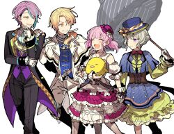 Rule 34 | 2boys, 2girls, black coat, black pants, blonde hair, blue hair, blue headwear, boater hat, bow, bowtie, brown corset, coat, colorful festival (project sekai), commentary, corset, detached sleeves, dress, frilled dress, frills, green dress, hair up, hat, highres, himitsu no valentine daisakusen! (project sekai), holding, holding umbrella, hoshi-toge, junpaku no anata e chikai no uta wo! (project sekai), kamishiro rui, kusanagi nene, looking at another, low ponytail, mini hat, multicolored hair, multiple boys, multiple girls, official alternate costume, official alternate hairstyle, ootori emu, pants, pink hair, pink headwear, project sekai, purple hair, red bow, red bowtie, scramble fan festa! (project sekai), short sleeves, short twintails, simple background, smile, streaked hair, tenma tsukasa, twintails, umbrella, white background, white coat, white dress, white pants, wonderlands x showtime (project sekai), yellow eyes
