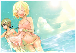 Rule 34 | 2girls, :d, bare shoulders, blonde hair, blush, breasts, brown eyes, brown hair, cleavage, clothes lift, dress, dress lift, erica hartmann, closed eyes, gertrud barkhorn, groin, low twintails, medium breasts, multiple girls, navel, open mouth, panties, pink dress, short hair, smile, strike witches, sun, twintails, underwear, wading, water, wet, world witches series, yellow panties, yukko