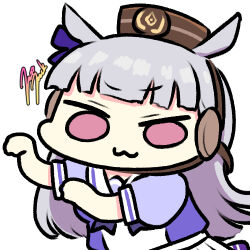 Rule 34 | 1girl, :3, animal ears, blunt bangs, bow, bowtie, from side, gold ship (umamusume), grey hair, horse ears, horse girl, horseshoe ornament, jazz jack, long hair, looking at viewer, lowres, photo-referenced, pillbox hat, puffy short sleeves, puffy sleeves, purple bow, purple bowtie, purple eyes, purple serafuku, purple shirt, sailor collar, sailor shirt, school uniform, serafuku, shirt, short sleeves, signature, simple background, skirt, solo, standing, tracen school uniform, umamusume, upper body, white background, white skirt