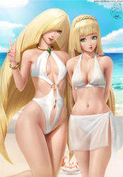 Rule 34 | 2girls, arm around shoulder, arms behind back, artist name, beach, bikini, bikini skirt, black nails, blonde hair, blunt bangs, bracelet, braid, breasts, cleavage, clothing cutout, collar, collarbone, covered erect nipples, creatures (company), crown braid, dated, fingernails, game freak, gen 1 pokemon, gold bracelet, green eyes, hair over one eye, highleg, highleg swimsuit, highres, jewelry, krabby, lillie (pokemon), limgae, long hair, looking at another, looking at viewer, lusamine (pokemon), medium breasts, metal collar, mother and daughter, multiple girls, nail polish, navel, navel cutout, nintendo, o-ring, o-ring swimsuit, ocean, one-piece swimsuit, parted lips, patreon username, pelvic curtain, pokemon, pokemon (creature), pokemon sm, sidelocks, sky, small breasts, stomach, swimsuit, take your pick, teeth, upper teeth only, v, very long hair, white bikini, white one-piece swimsuit