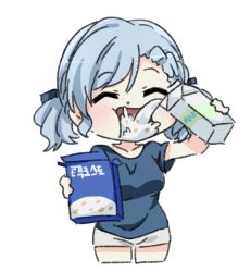 Rule 34 | 1girl, bad id, bad pixiv id, blush, breasts, cereal box, chibi, closed eyes, girls&#039; frontline, holding, milk, milk carton, open mouth, shirt, short hair, short sleeves, sidarim, silver hair, simple background, solo, spas-12 (girls&#039; frontline), twintails, white background