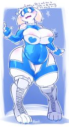 Rule 34 | 0r0ch1, 1girl, alternate costume, blush, breasts, capcom, cosplay, embarrassed, furry, heart, highres, horns, impossible clothes, large breasts, mature female, rainbow mika, revealing clothes, street fighter, thick thighs, thighs, toriel, undertale