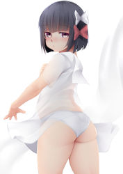 Rule 34 | 1girl, ass, bad id, bad pixiv id, black hair, blunt bangs, blush, bow, dress, hair bow, head tilt, ishigaki (kancolle), kantai collection, ne an ito, panties, red bow, see-through, short hair, short sleeves, solo, underwear, wedgie, white background, white bow, white dress, white panties