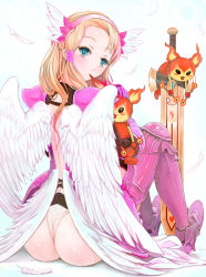 Rule 34 | 1girl, angel wings, aqua eyes, armor, ass, baton, blonde hair, blush, feathers, from behind, greaves, hairband, long hair, looking at viewer, looking back, minerva (p&amp;d), multiple wings, planted sword, planted, puzzle &amp; dragons, sai-go, shoulder armor, sitting, solo, pauldrons, sword, weapon, wings