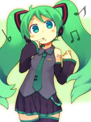Rule 34 | 1girl, bachera, beamed quavers, blush, cowboy shot, detached sleeves, finger to face, flat sign, green eyes, green hair, hatsune miku, headset, long hair, looking at viewer, matching hair/eyes, musical note, nail polish, necktie, quaver, skirt, sleeves past wrists, solo, tattoo, thighhighs, twintails, very long hair, vocaloid, zettai ryouiki