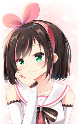 Rule 34 | 1girl, absurdres, arm support, black bow, blush, bow, brown background, brown hair, closed mouth, collarbone, commentary, detached sleeves, green eyes, hair ribbon, hairband, highres, ikazu401, kizuna ai, kizuna ai inc., long sleeves, multicolored hair, pink hair, pink hairband, pink ribbon, ribbon, sailor collar, shirt, short hair, sleeveless, sleeveless shirt, smile, solo, streaked hair, striped, striped bow, virtual youtuber, white sailor collar, white shirt