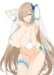 Rule 34 | 1girl, absurdres, alternate breast size, armpits, arms behind head, arms up, asuna (blue archive), bikini, blue archive, blue eyes, breasts, butterfly hair ornament, chixiao, choker, cleavage, elbow gloves, gloves, grin, hair ornament, hair over one eye, highres, huge breasts, long hair, looking at viewer, navel, simple background, smile, solo, swimsuit, thigh strap, thighs, very long hair, white background, white bikini