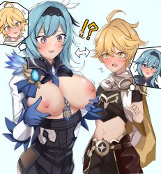 Rule 34 | 1boy, 1girl, aether (genshin impact), blonde hair, blue hair, body switch, grabbing another&#039;s breast, breasts, breasts out, eula (genshin impact), genshin impact, grabbing, highres, large breasts, nipples, personality switch, simple background, toshimasa, white background