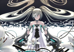 Rule 34 | 1girl, absurdres, bare shoulders, blue hair, closed eyes, cyberpunk, dress, dual wielding, hair ornament, hairclip, highres, holding, long hair, mechanical parts, original, smile, solo, stealthmaria, twintails, two-tone background, white dress