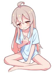 Rule 34 | 1girl, absurdres, ahoge, barefoot, blue shirt, blush, brown eyes, brown hair, collarbone, commentary request, genderswap, genderswap (mtf), highres, indian style, long hair, looking at viewer, onii-chan wa oshimai!, oyama mahiro, shirt, short sleeves, simple background, sitting, smile, solo, t-shirt, tadashisa, white background