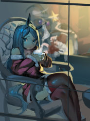 Rule 34 | animal ears, bare shoulders, blue eyes, blue hair, blurry, blurry background, brown gloves, chair, christmas, christmas ornaments, christmas tree, closed mouth, crossed legs, cup, detached sleeves, food, fur-trimmed legwear, fur-trimmed sleeves, fur trim, gloves, highres, holding, holding cup, horse ears, horse girl, indoors, long hair, looking at viewer, marshmallow, mejiro mcqueen (umamusume), mitsuki3s kir, red legwear, sitting, sleeves past wrists, star (symbol), steam, thighhighs, umamusume, window