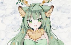 Rule 34 | 1girl, absurdres, animal ear fluff, animal ears, antlers, anyuu, breasts, cleavage, commentary, dress, english commentary, faux traditional media, fur scarf, green dress, haruka karibu, highres, horns, indie virtual youtuber, long hair, medium breasts, moose ears, moose girl, open mouth, portrait, procreate (medium), solo, virtual youtuber