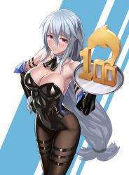 Rule 34 | 1girl, alternate costume, arknights, arm strap, ascot, bare shoulders, black ascot, black gloves, black leotard, black pantyhose, blush, breasts, cleavage, commentary request, cowboy shot, detached collar, elbow gloves, gloves, hair between eyes, hand on own hip, highres, large breasts, leotard, long hair, looking at viewer, low-tied long hair, no headwear, pantyhose, parted lips, partial commentary, pink eyes, playboy bunny, saikoro (et1312), sidelocks, silver hair, skadi (arknights), solo, standing, strapless, strapless leotard, thigh strap, thighs, very long hair, white background