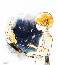 Rule 34 | 1boy, aged down, akagi shun, apron, blonde hair, chopsticks, cooking, fish, food, fried rice, from side, frying pan, hair over one eye, high collar, holding, holding chopsticks, male focus, one piece, sanji (one piece), shirt, short hair, short sleeves, shrimp, signature, simple background, smile, upper body, white apron, white shirt