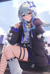 Rule 34 | 1girl, absurdres, amane kanata, amane kanata (punk rock), belt collar, black hoodie, black shorts, blue eyes, blue hair, blue halo, blue sky, character print, cloud, cloudy sky, collar, colored inner hair, commentary request, grey hair, halo, hand up, heart o-ring, highres, hololive, hood, hood down, hoodie, kato yuurina, long hair, long sleeves, looking at viewer, mini wings, multicolored hair, o-ring, o-ring thigh strap, official alternate costume, open clothes, open hoodie, outdoors, parted lips, self character print, shirt, shorts, signature, single fishnet legwear, sitting, sky, socks, solo, star halo, streaked hair, thigh strap, virtual youtuber, white shirt, white socks, wings