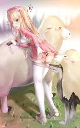 Rule 34 | 1girl, ass, bent over, bestiality, blonde hair, blush, breasts, censored, costume, cum, dog, doggystyle, from behind, green eyes, hetero, long hair, mabinogi, medium breasts, napalmbit, open mouth, panties, panty pull, sex, sex from behind, sheep, standing, striped, tagme, thighhighs, underwear, wolf