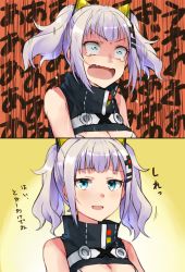 Rule 34 | 1girl, 2koma, bare shoulders, blue eyes, blush, breasts, cleavage, cleavage cutout, clothing cutout, comic, commentary request, expressions, hair ornament, hairclip, kaguya luna, large breasts, open mouth, silver hair, smile, solo, somechime (sometime1209), the moon studio, virtual youtuber, x hair ornament